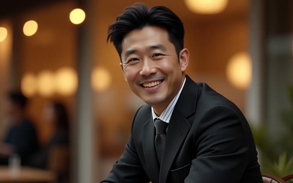 세련된 의상을 입고 웃고 있는 남성