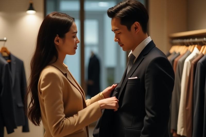 스타일리스트가 고객에게 의류를 추천하는 모습