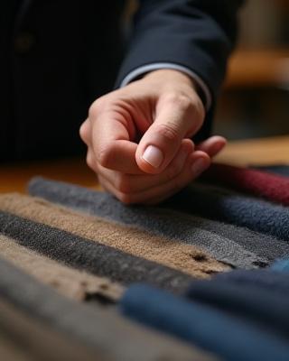 다양한 고급 원단 샘플 중에서 전문가가 원단을 고르는 손의 클로즈업