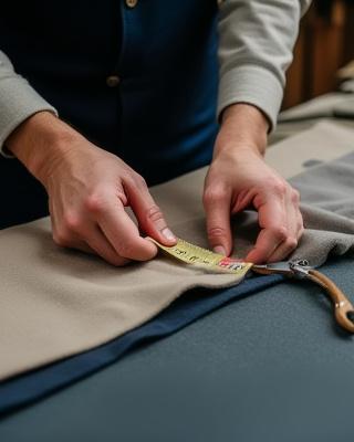 숙련된 재단사가 고급 울 원단을 재단하기 위해 줄자로 측정하는 모습
